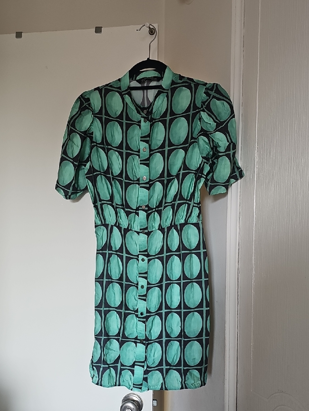 Zara Puff Sleeved Button Up Dress XS Green/Black